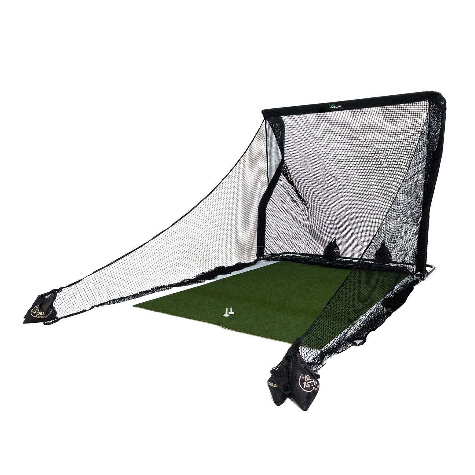 Golf practice net with a green mat and two white tees set up for use.
